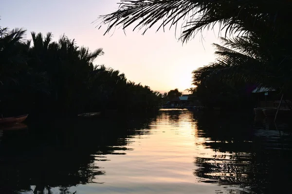 Sonnenuntergang an der Mündung des Mangrovenwaldes ins Meer in Vietnam — Stockfoto