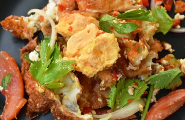  Baharatlı hamurlu yumurta dilimi ve tavuklu et tabakta Tayland salatası.