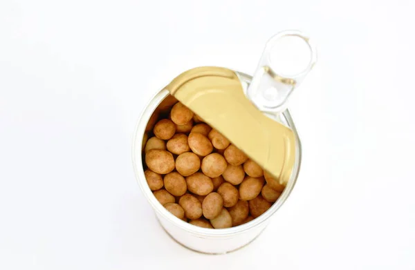 Crocante Doce Amendoim Revestimento Leite Coco Lata Embalagem Fundo Branco — Fotografia de Stock