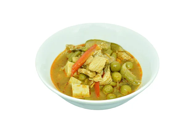 Légumes Mélangés Épicés Bouillis Avec Poulet Dans Une Soupe Curry — Photo