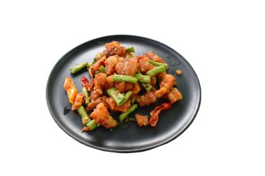  Acı biber ve zencefilli kızarmış domuz kızartması.