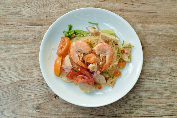 Glass Noodle Shrimp Minced Pork Spicy Salad White Plate — Stock Photo, Image