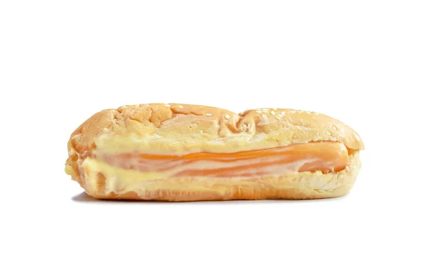 Hot Dog Gefüllte Schweinswurst Dressing Käse Und Mayonnaise Sauce Auf — Stockfoto