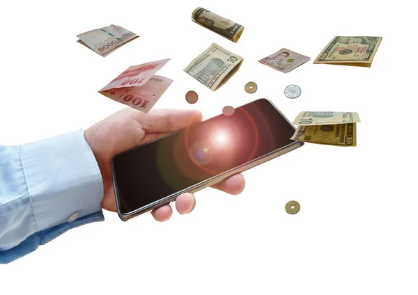 Рука Тримає Мобільний Телефон Міжнародною Банкнотою Монетою Плаває Білому Тлі — стокове фото