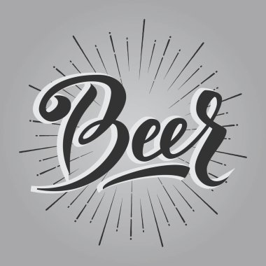 Bira. El Sunbursts gri arka plan üzerinde Vintage metinle yazı. Vektör çizim