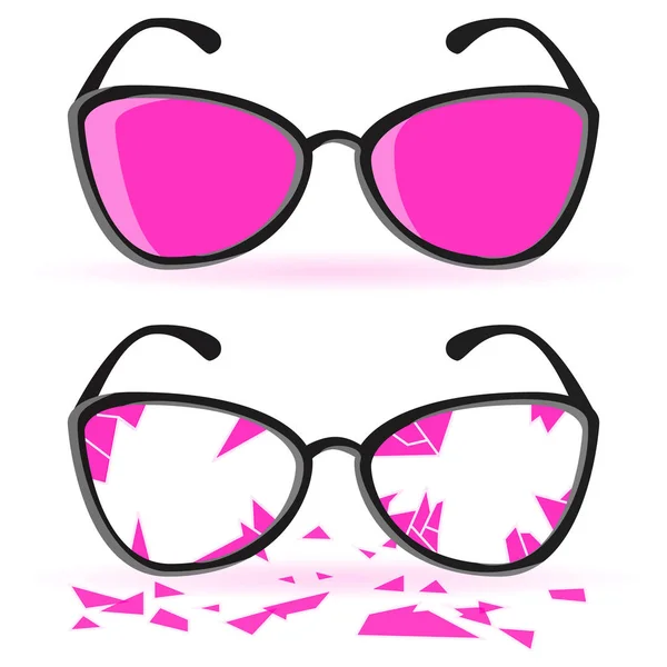 Óculos com molduras pretas e lentes Rose. Óculos cor-de-rosa partidos. Arruinado em pequenas peças afiadas. Isolado em fundo branco. Ilustração vetorial —  Vetores de Stock