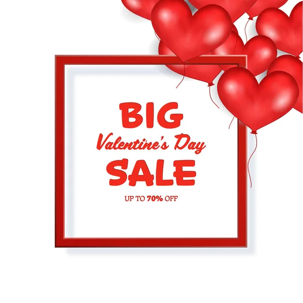 Nagy Valentine's Day Sale Banner sablon. Piros keret. Hely, a szöveg. Repülő piros lufi szív formájában fehér háttér. Jó a poszter. Vektoros illusztráció. — Stock Vector