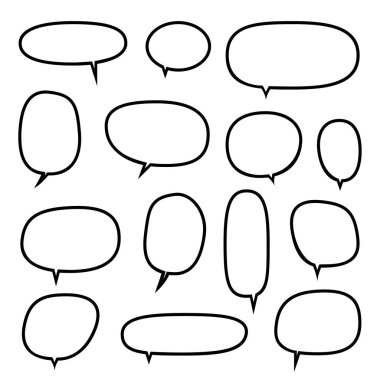 Konuşma balonu küme. Yuvarlak şekil kümesi. Beyaz arka plan üzerinde izole siyah çizgi film simgesi. Düz tasarım. Komik resimler, insanlar konuşma, konuşma, tartışma için öğe. Vektör çizim