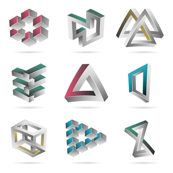 Set di forme impossibili. Figure creative di tendenza colorate con illusione ottica. Elementi di paradosso. Simboli geometrici irreali in uno stile surreale. Illustrazione vettoriale — Vettoriale Stock