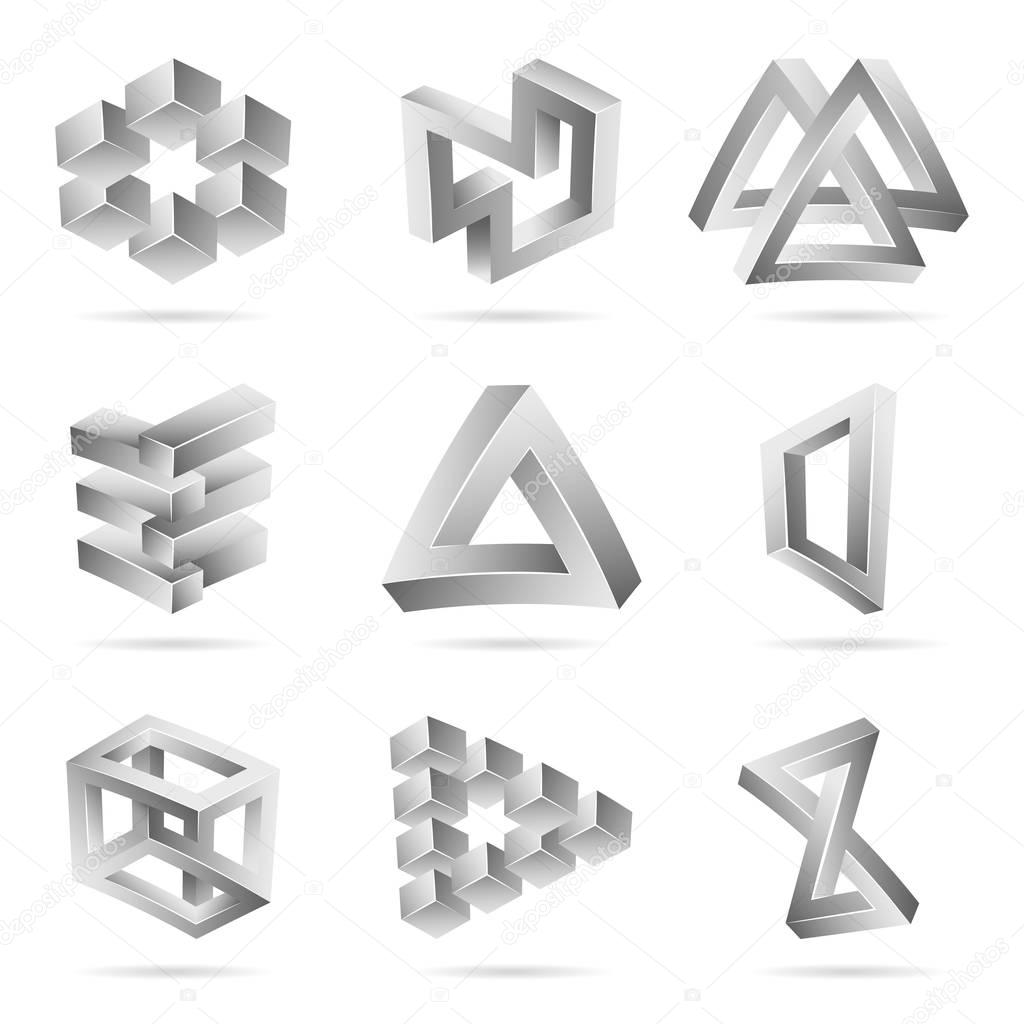 Impossible Shapes Set. Trendy Creative Figure With Optical Illusion. Paradox Elements. Unreal Geometrical Symbols In A Surreal Style. Vector Illustration