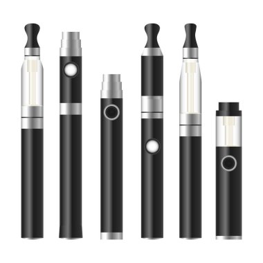 Vape kalem. Elektronik sigara küme. Beyaz arka plan üzerinde izole metalik vektör E-Sigara kalem. İllüstrasyon.
