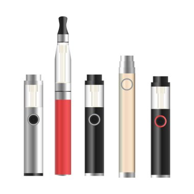 Vape kalem. Elektronik sigara küme. Beyaz arka plan üzerinde izole renkli vektör E-Sigara kalem. İllüstrasyon.