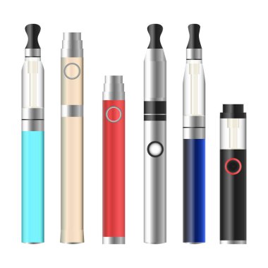 Vape kalem. Elektronik sigara küme. Renkli vektör beyaz arka plan üzerinde izole kalem buharlaşacak. İllüstrasyon.
