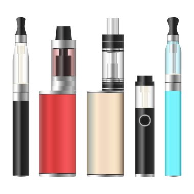 Vape kutusu. Elektronik sigara küme. Renkli beyaz arka plan üzerinde izole kutusu buharlaşacak. Vektör çizim.