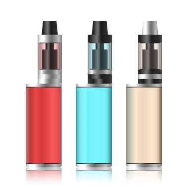Vape kutusu. Elektronik sigara küme. Renkli beyaz arka plan üzerinde izole kutusu buharlaşacak. Vektör çizim.