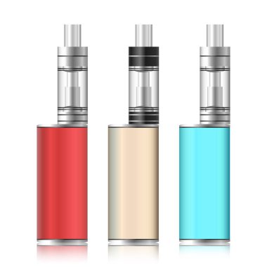 Vape kutusu. Elektronik sigara küme. Renkli beyaz arka plan üzerinde izole kutusu buharlaşacak. Vektör çizim.