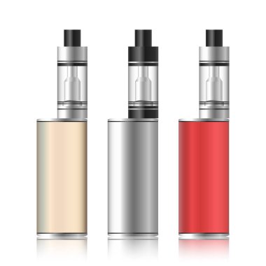 Vape kutusu. Elektronik sigara küme. Renkli beyaz arka plan üzerinde izole kutusu buharlaşacak. Vektör çizim.