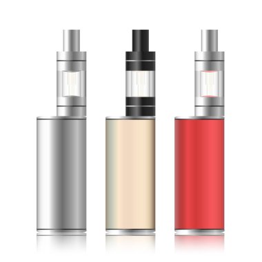 Vape kutusu. Elektronik sigara küme. Renkli beyaz arka plan üzerinde izole kutusu buharlaşacak. Vektör çizim.