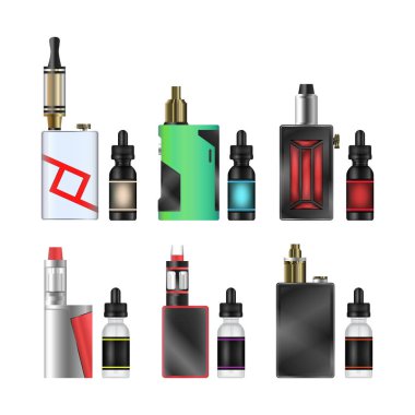 Vape Mod. Elektronik sigara küme. Renkli vektör beyaz arka plan üzerinde izole aygıt buharlaşacak. Trend yeni kültür. İllüstrasyon.
