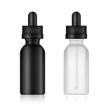 Vape sıvı şişe. Gerçekçi E-sıvı şişe sahte. Elektronik sigara tadı. Beyaz arka plan. Vektör çizim.