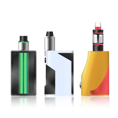 Vape Mod. Elektronik sigara küme. Renkli vektör beyaz arka plan üzerinde izole aygıt buharlaşacak. Trend yeni kültür. İllüstrasyon.