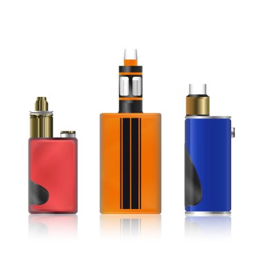 Vape Mod. Elektronik sigara küme. Renkli vektör beyaz arka plan üzerinde izole aygıt buharlaşacak. Trend yeni kültür. İllüstrasyon.