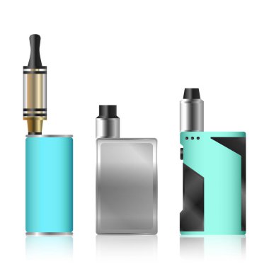 Vape Mod. Elektronik sigara küme. Renkli vektör beyaz arka plan üzerinde izole aygıt buharlaşacak. Trend yeni kültür. İllüstrasyon.