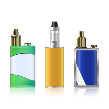 Vape Mod. Elektronik sigara küme. Renkli vektör beyaz arka plan üzerinde izole aygıt buharlaşacak. Trend yeni kültür. İllüstrasyon.