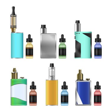 Vape Mod. Elektronik sigara küme. Renkli vektör beyaz arka plan üzerinde izole aygıt buharlaşacak. Trend yeni kültür. İllüstrasyon.