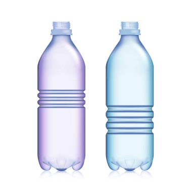 Boş plastik şişe. Gerçekçi boş plastik mavi ve kırmızı Soda şişesi ayarlayın. Tasarımınız için alay. Vektör şablon arka plan