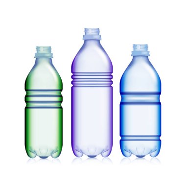 Boş şeffaf şişe. Gerçekçi boş plastik mavi ve yeşil Soda şişesi ayarlayın. Tasarımınız için alay. Vektör şablon arka plan