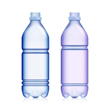 Boş plastik şişe. Gerçekçi boş plastik mavi ve kırmızı Soda şişesi ayarlayın. Tasarımınız için alay. Vektör şablon arka plan