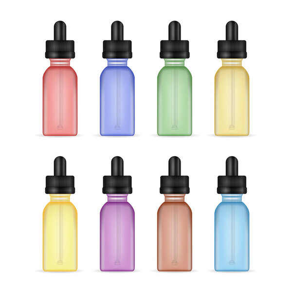 Vape Liquid Bottles. Set Photo Realistic E-liquid Bottle Mock Up Of Different Flavor. Tastes Of Electronic Cigarette. White Background. Vector Illustration.