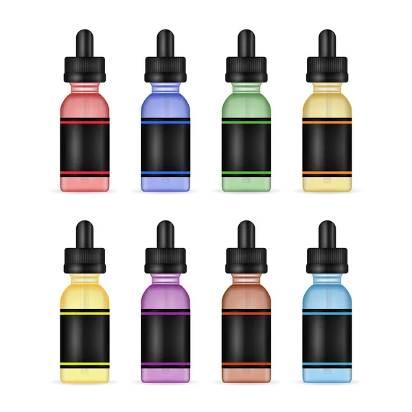 Vape garrafas de líquido. Definir foto realista garrafa E-líquido Mock Up de sabor diferente. Sabores de cigarro eletrônico. Fundo branco. Ilustração vetorial . — Vetor de Stock