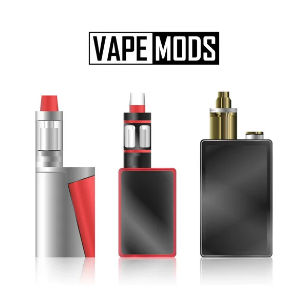 Vape 모드입니다. 전자 담배 세트입니다. 화려한 벡터 장치 흰색 배경에 고립 된 기체 화할. 새로운 문화 트렌드입니다. 일러스트 레이 션.... 