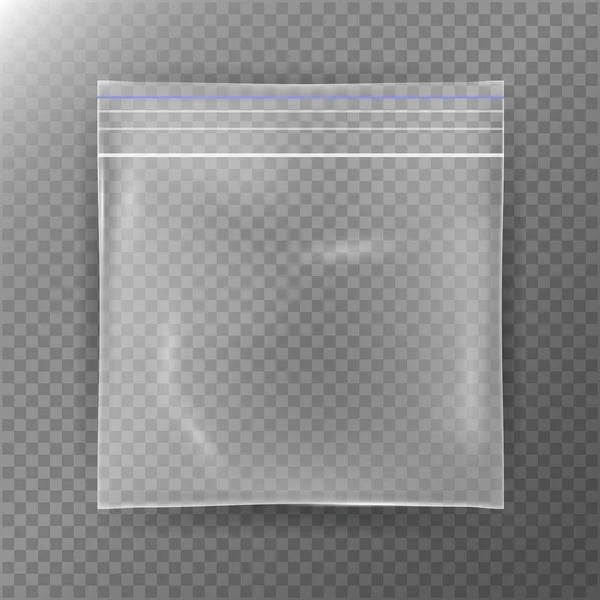 Transparante Plastic zak. Werkelijkheid Nylon pictogramachtergrond. Verzegelde lege transparante rits zak close-up. Mock Up sjabloon voor uw ontwerp. Vectorillustratie — Stockvector