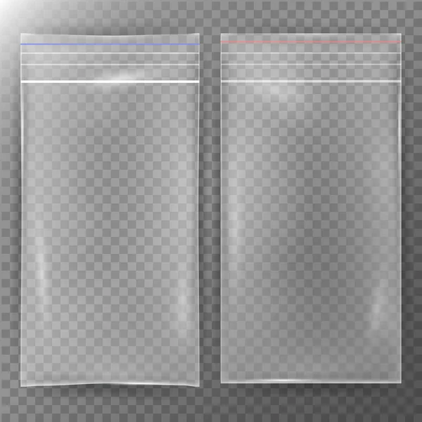 Transparent Plastic Bag. Set Reality Nylon Icon Background. Sealed Empty Transparent Zipper Bag Close Up. Mock Up Template For Your Design. Vector Illustration — Stock Vector