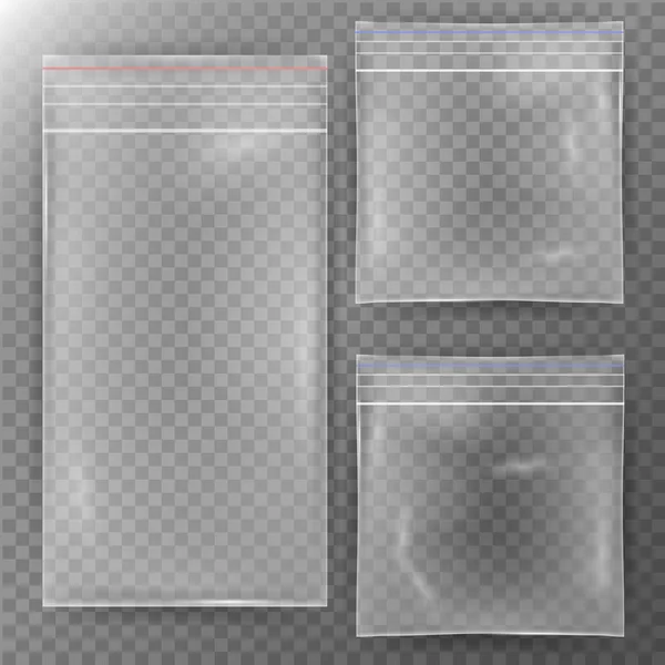 Bolsa de plástico transparente. Set Reality Nylon Icon Background. Bolsa de cremallera transparente vacía sellada de cerca. Plantilla simulada para tu diseño. Ilustración vectorial — Vector de stock