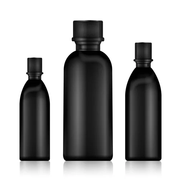 Kosmetikflaschen. realistische schwarze Flasche für ätherisches Öl und Tube oder Behälter für Creme, Salbe, Lotion. Attrappe auf. Kosmetikflasche, Fläschchen, Tropfflasche, Shampoo. Vektorillustration. — Stockvektor