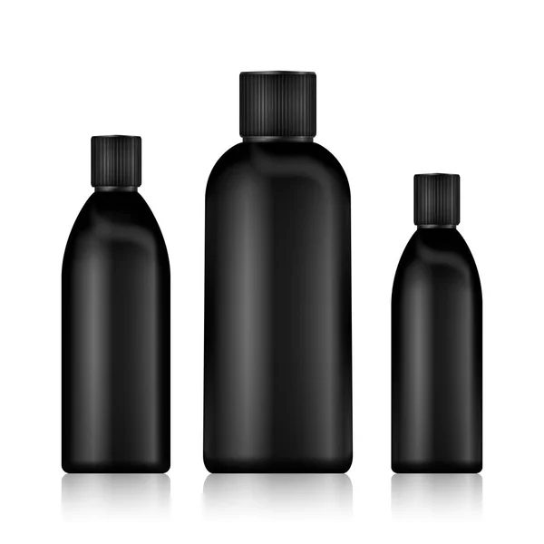 Kosmetikflaschen. realistische schwarze Flasche für ätherisches Öl und Tube oder Behälter für Creme, Salbe, Lotion. Attrappe auf. Kosmetikflasche, Fläschchen, Tropfflasche, Shampoo. Vektorillustration. — Stockvektor