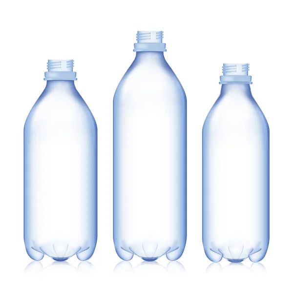 Puste butelki. Ustawić realistyczny puste plastikowe niebieską butelką wody. Makiety do projektu. Tło szablonu — Wektor stockowy