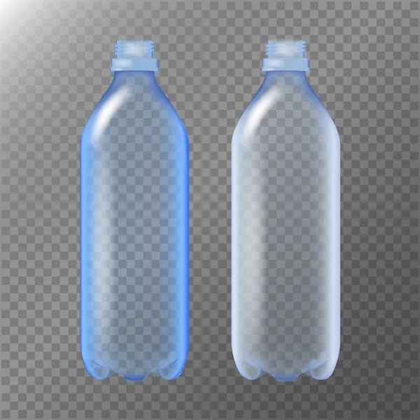 Botella transparente vacía. Set realista botella de agua azul de plástico en blanco. Prepárate para tu diseño. Vector plantilla fondo — Vector de stock