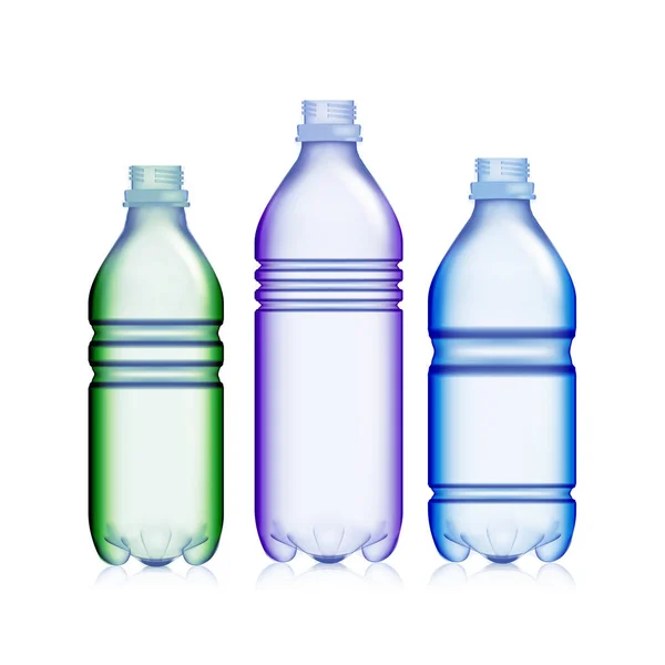Puste butelki przezroczyste. Zestaw realistyczne puste plastikowe niebieskie i zielone butelki sody. Makiety do projektu. Tło szablonu — Wektor stockowy