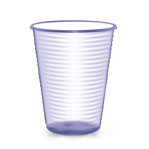 Tazza di plastica. Colore blu. Isolato su sfondo bianco. Fingi per il tuo design. Illustrazione fotorealistica del vettore — Vettoriale Stock