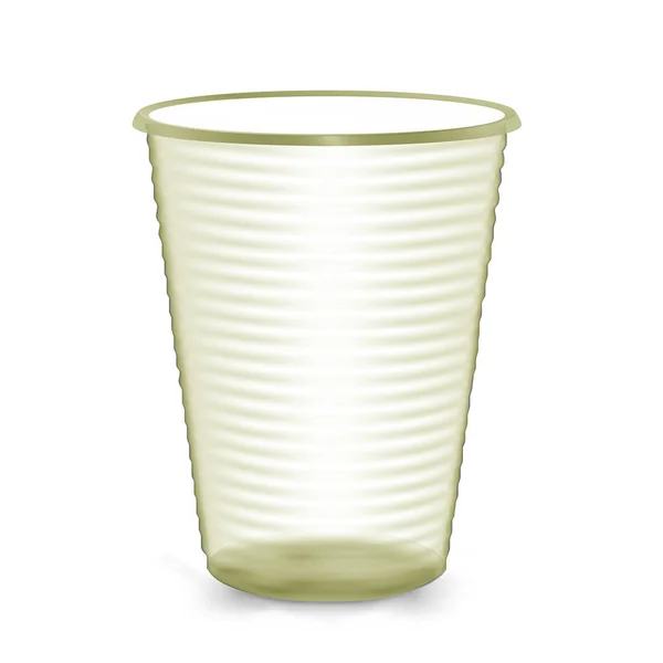 Tazza di plastica. Colore giallo. Isolato su sfondo bianco. Fingi per il tuo design. Illustrazione fotorealistica del vettore — Vettoriale Stock