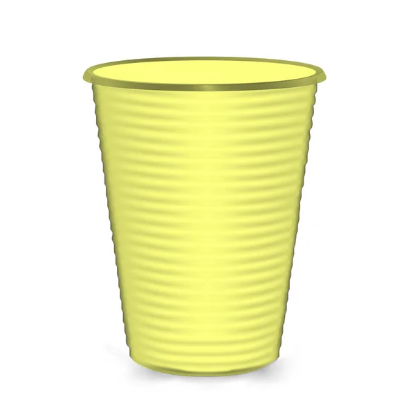 Tazza di plastica. Colore giallo. Isolato su sfondo bianco. Fingi per il tuo design. Illustrazione vettoriale — Vettoriale Stock