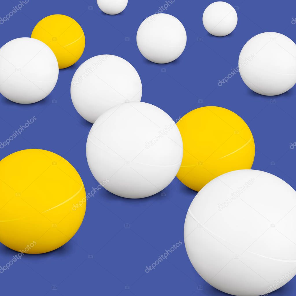 Ping Pong Balls. White And Yellow 3d Green Ball With Shadow On Blue