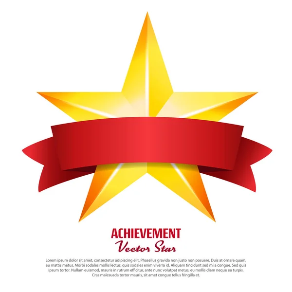 Achievement Vector Star With Red Ribbon. Yellow Sign With Place For Text. Golden Decoration Symbol. 3d Shine Icon Isolated On White Background. — Stock Vector