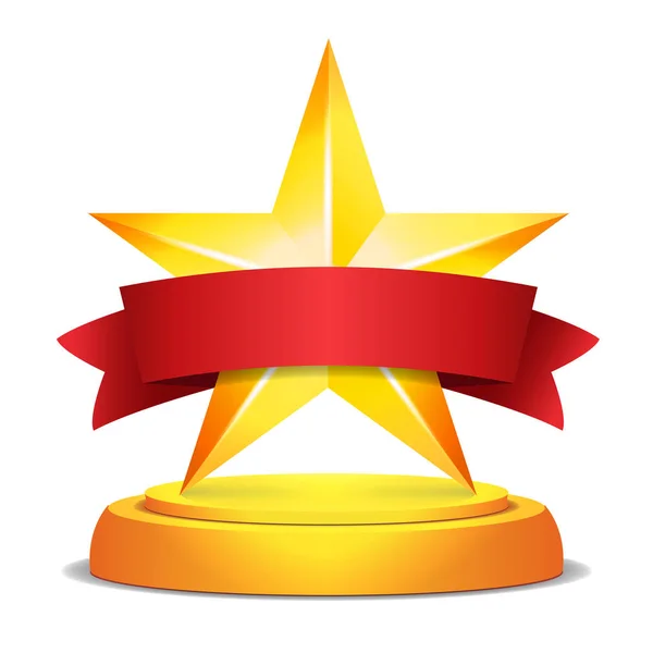 Gold Star Award. Piros szalag, hely a szöveg. Vektoros illusztráció. Modern trófea, kihívás díjat. Szép fényes címke Design. Elszigetelt — Stock Vector