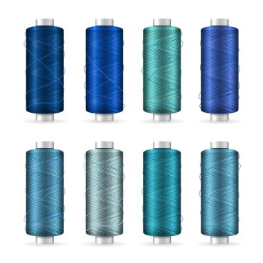 Biriktirme Set iplik. Parlak plastik bobin. Beyaz arka plan üzerinde iğne işi ve Needlecraft için izole. Hisse senedi vektör çizim